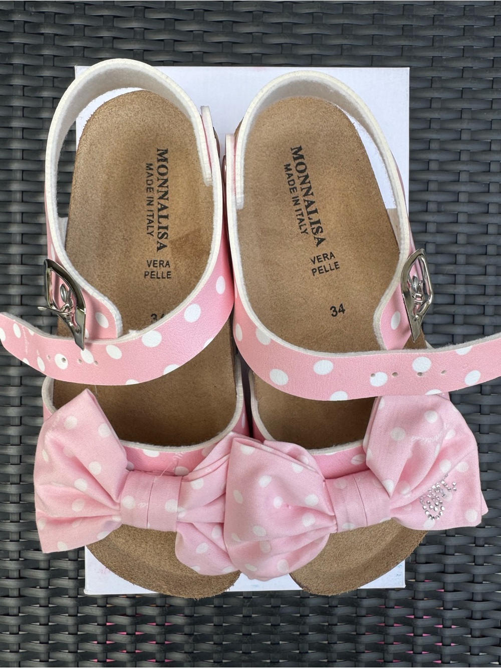 Monnalisa Girls Pink Polka Dot Bow Sandals, EU 34, Made in Italy - Picture 14 of 14